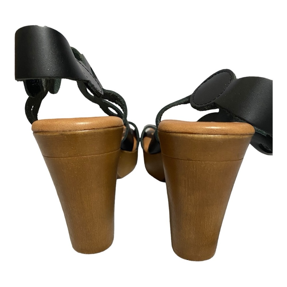Black Leather Platform Sandals 9 Cutout Wood Heel Boho Artsy Spain - Picture 5 of 12